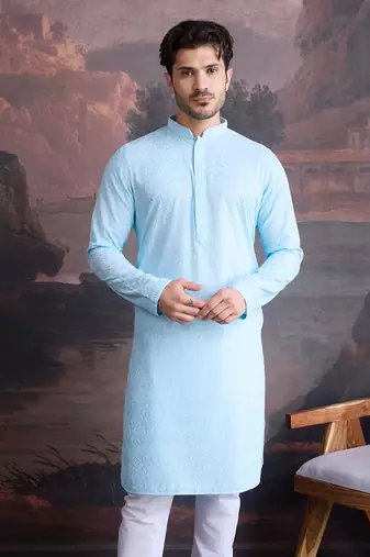 men's cotton chikankari stylish kurta in sky blue