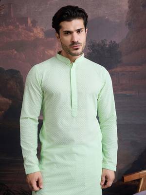 men's cotton  green chikankari stylish kurta  1