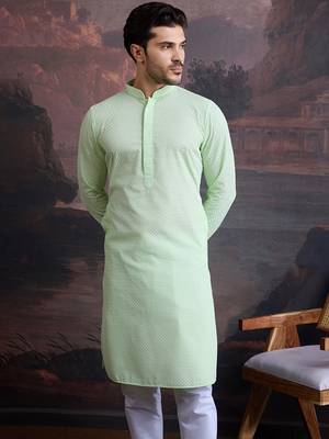 men's cotton  green chikankari stylish kurta  2