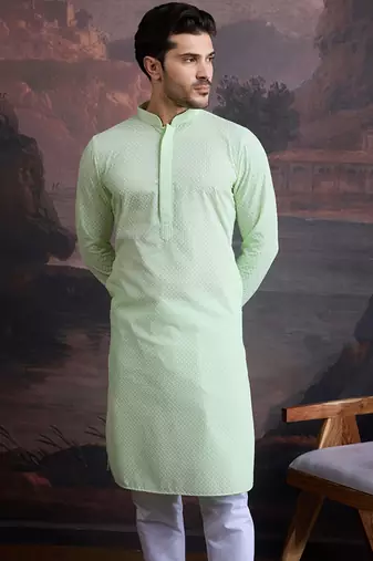 men's cotton  green chikankari stylish kurta 