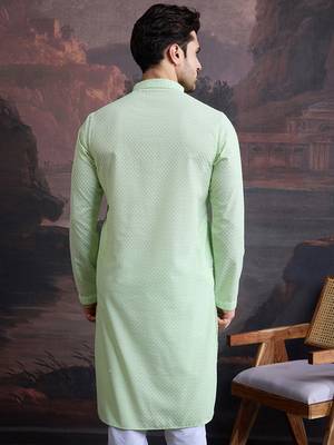men's cotton  green chikankari stylish kurta  3