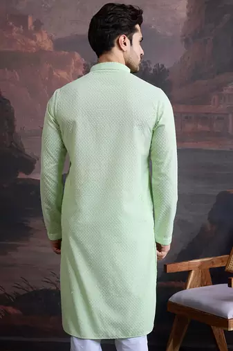 men's cotton  green chikankari stylish kurta 