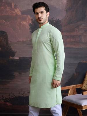men's cotton  green chikankari stylish kurta  4