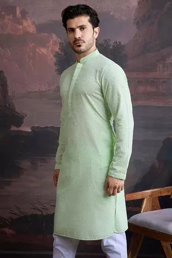 men's cotton  green chikankari stylish kurta 