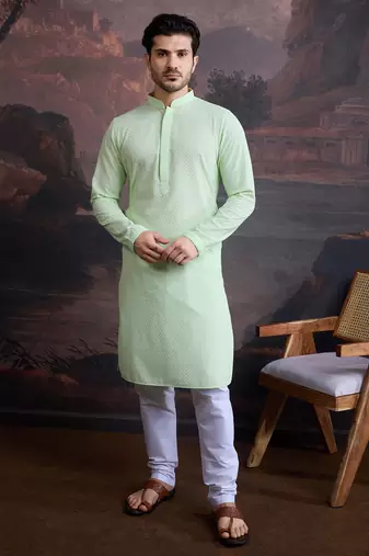 men's cotton  green chikankari stylish kurta 