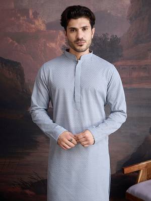 men's cotton chikankari embroidered  kurta  in grey 1