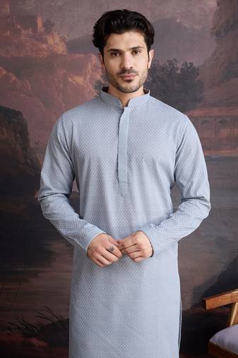 men's cotton chikankari embroidered  kurta  in grey