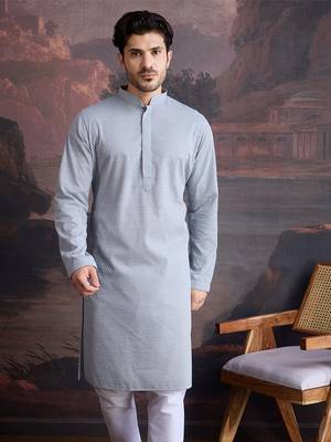 men's cotton chikankari embroidered  kurta  in grey 2