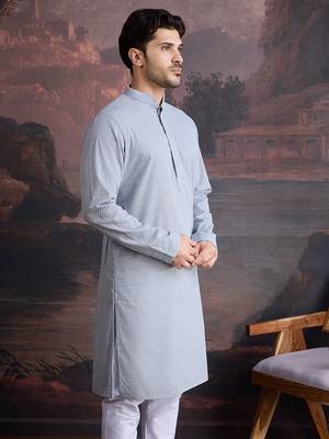 men's cotton chikankari embroidered  kurta  in grey 3