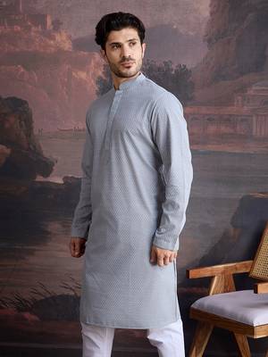 men's cotton chikankari embroidered  kurta  in grey 4