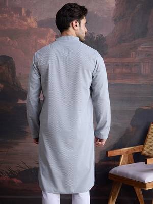 men's cotton chikankari embroidered  kurta  in grey 5