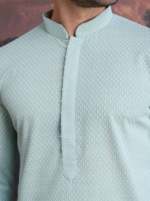 men's cotton chikankari stylish kurta in light green 2