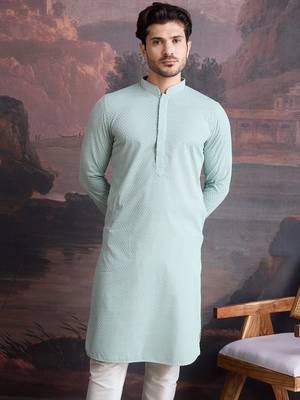 men's cotton chikankari stylish kurta in light green 3