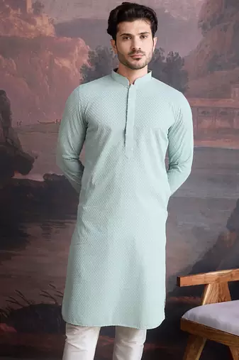 men's cotton chikankari stylish kurta in light green
