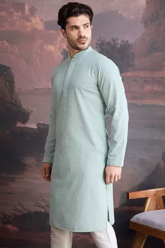 men's cotton chikankari stylish kurta in light green
