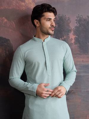 men's cotton chikankari stylish kurta in light green 5