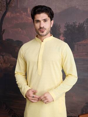 men's cotton chikankari embroidered  kurta  in light yellow 1