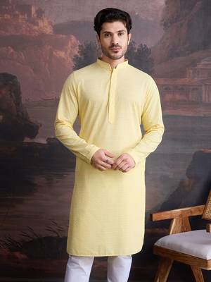 men's cotton chikankari embroidered  kurta  in light yellow 2