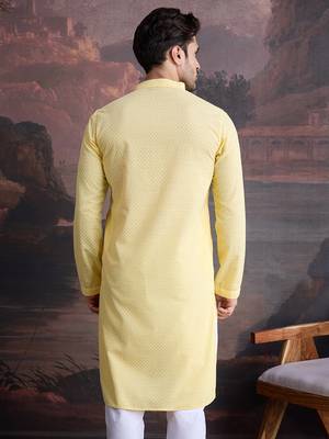 men's cotton chikankari embroidered  kurta  in light yellow 3