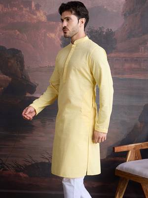 men's cotton chikankari embroidered  kurta  in light yellow 4