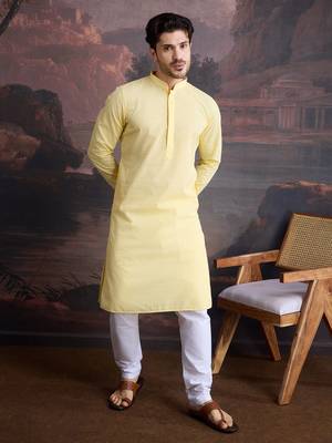 men's cotton chikankari embroidered  kurta  in light yellow 5
