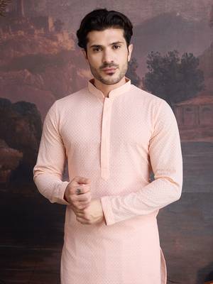 men's cotton chikankari stylish kurta  in peach 1
