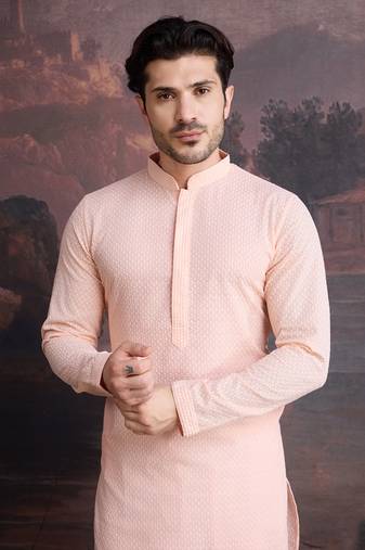men's cotton chikankari stylish kurta  in peach