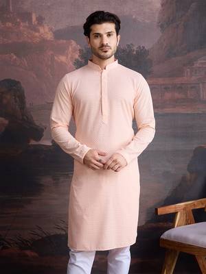 men's cotton chikankari stylish kurta  in peach 2