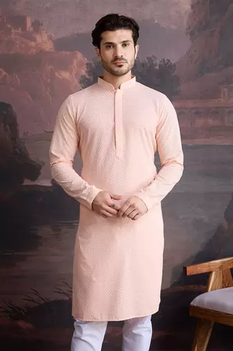 men's cotton chikankari stylish kurta  in peach