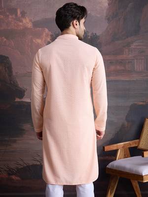 men's cotton chikankari stylish kurta  in peach 3