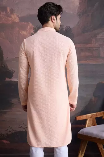 men's cotton chikankari stylish kurta  in peach