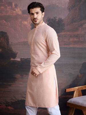 men's cotton chikankari stylish kurta  in peach 4