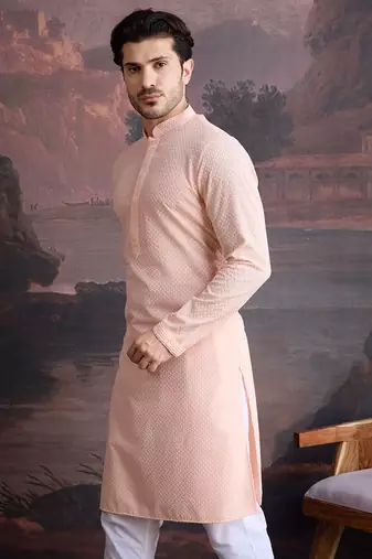 men's cotton chikankari stylish kurta  in peach