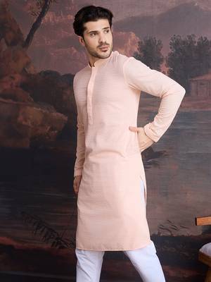 men's cotton chikankari stylish kurta  in peach 5