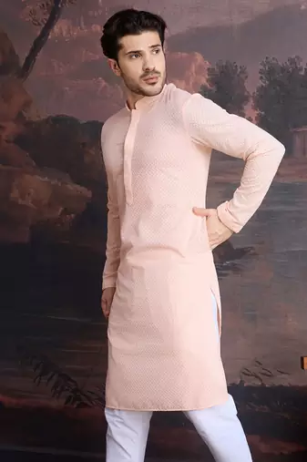 men's cotton chikankari stylish kurta  in peach