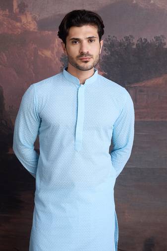 men's cotton chikankari deisgner kurta in sky blue