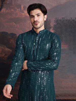 Men's stylish chikankari & sequined firozi green kurta  1