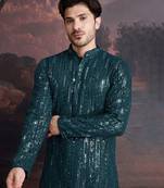 Men's stylish chikankari & sequined firozi green kurta 