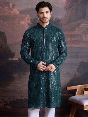 Men's stylish chikankari & sequined firozi green kurta  2