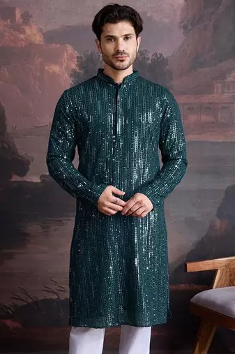 Men's stylish chikankari & sequined firozi green kurta 