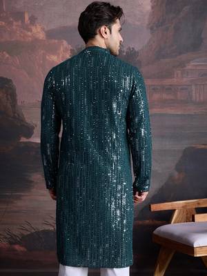 Men's stylish chikankari & sequined firozi green kurta  3