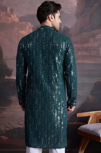 Men's stylish chikankari & sequined firozi green kurta 