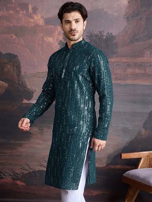 Men's stylish chikankari & sequined firozi green kurta  4