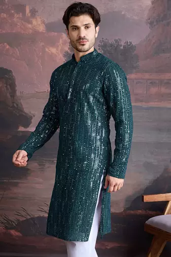 Men's stylish chikankari & sequined firozi green kurta 