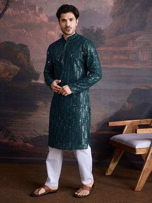 Men's stylish chikankari & sequined firozi green kurta  5