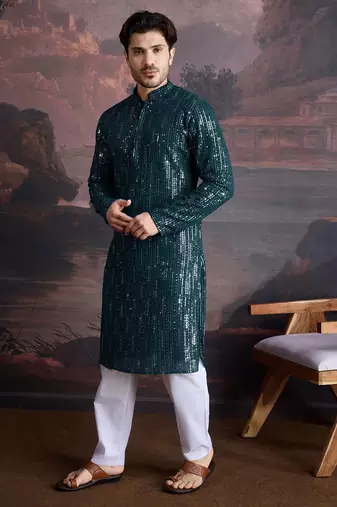 Men's stylish chikankari & sequined firozi green kurta 