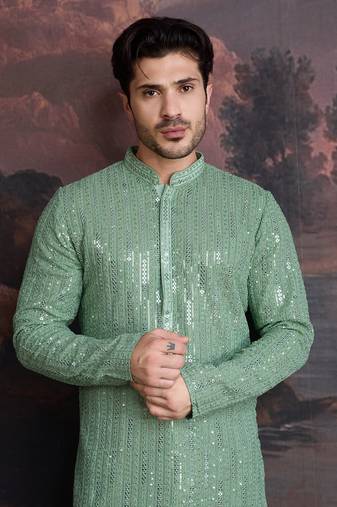 Men's stylish chikankari & sequined green kurta 