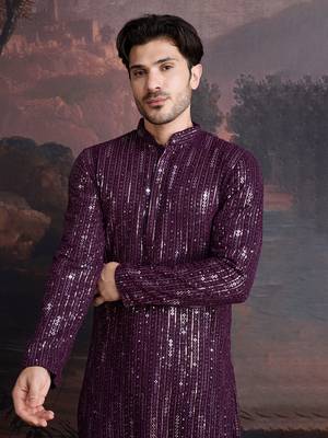 Men's stylish chikankari purple kurta with sequins accents 1