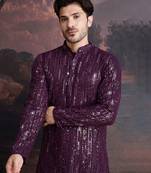 Men's stylish chikankari purple kurta with sequins accents