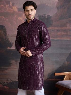 Men's stylish chikankari purple kurta with sequins accents 2
